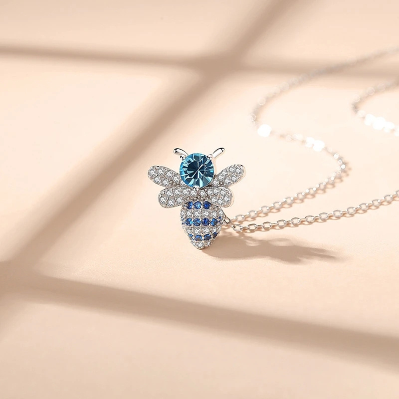 Women's Blue Zirconia Bee Necklace, Elegant Vacation Accessory